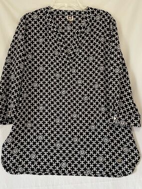 Anne Klein Black & White Geometric V-Neck Semi-Sheer Tunic Top, Sz Large